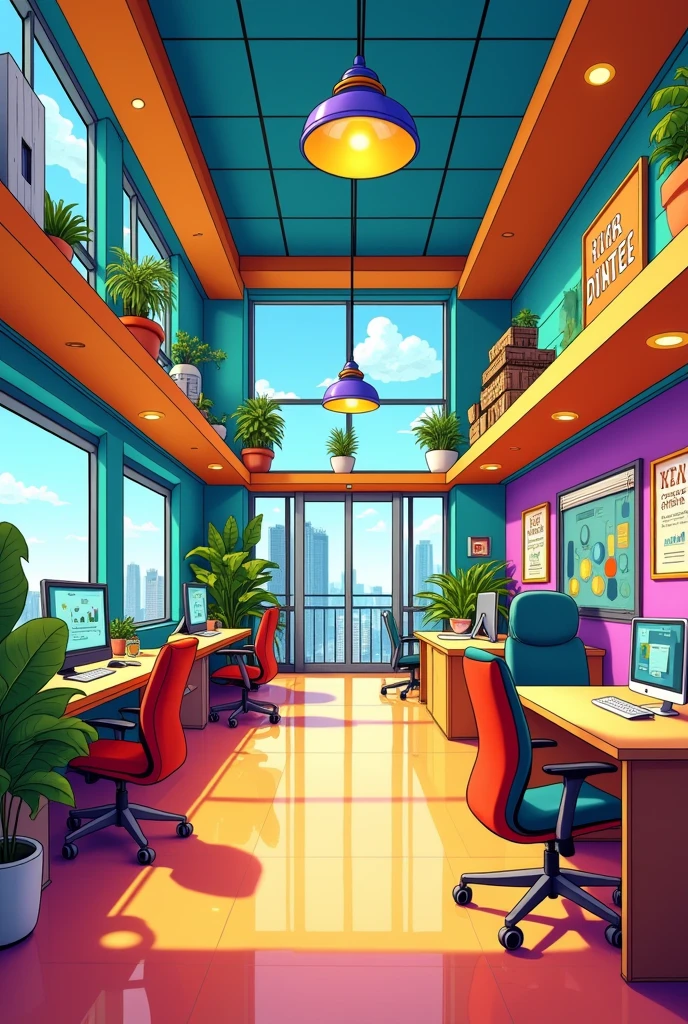 A company only the internal building, without people, in comic drawing mode
With frontal perspective