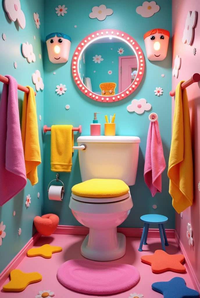 Create for me the image of the Powerpuff Girls bathroom showing the toilet in the form of a drawing