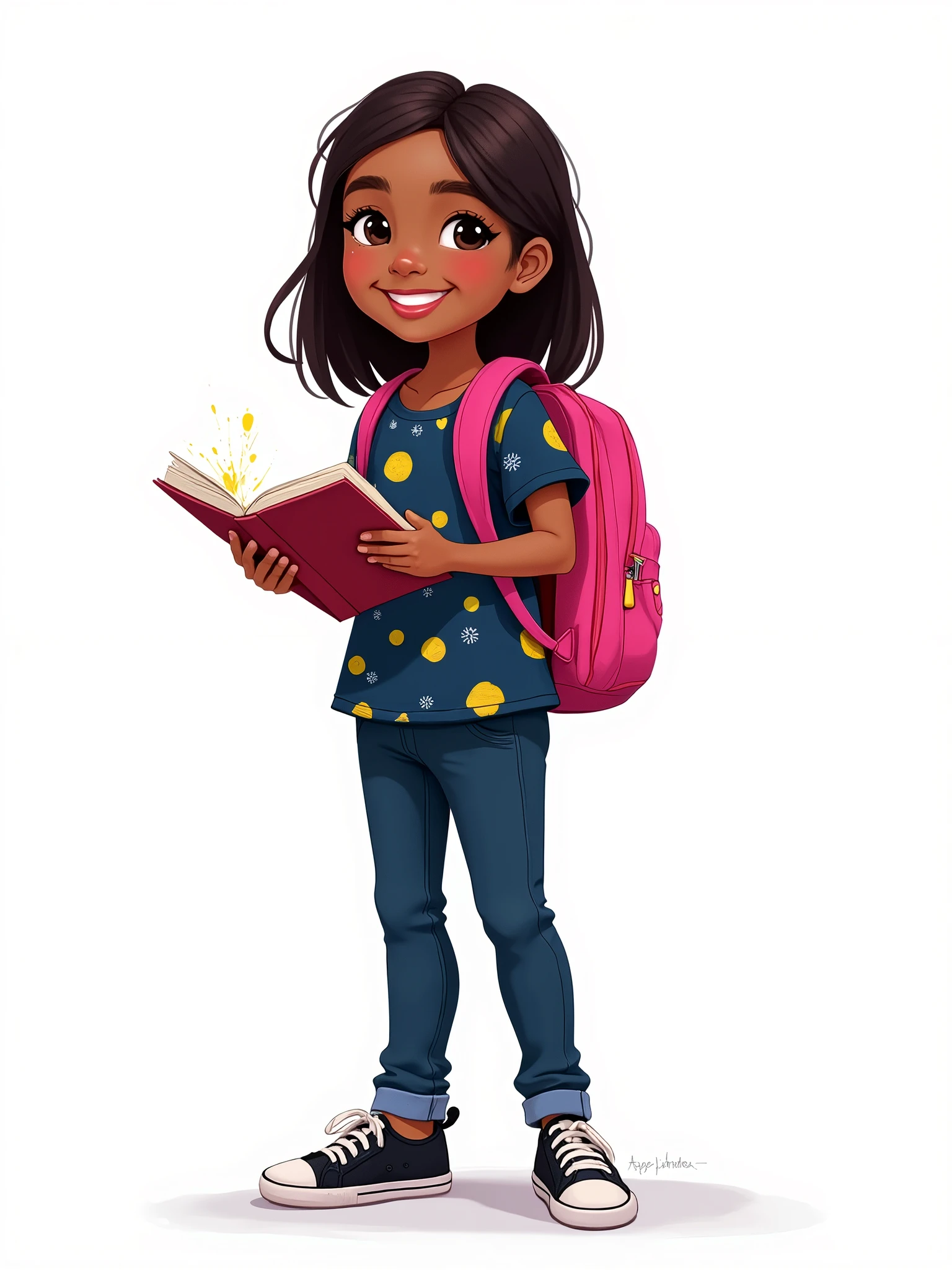 A with dark skin, straight hair, wearing a dark blue, yellow and white blouse, dark blue pants and black sneakers. She is holding a notebook, smiling, with a pink backpack on her back, 2D style drawing, on a white background.