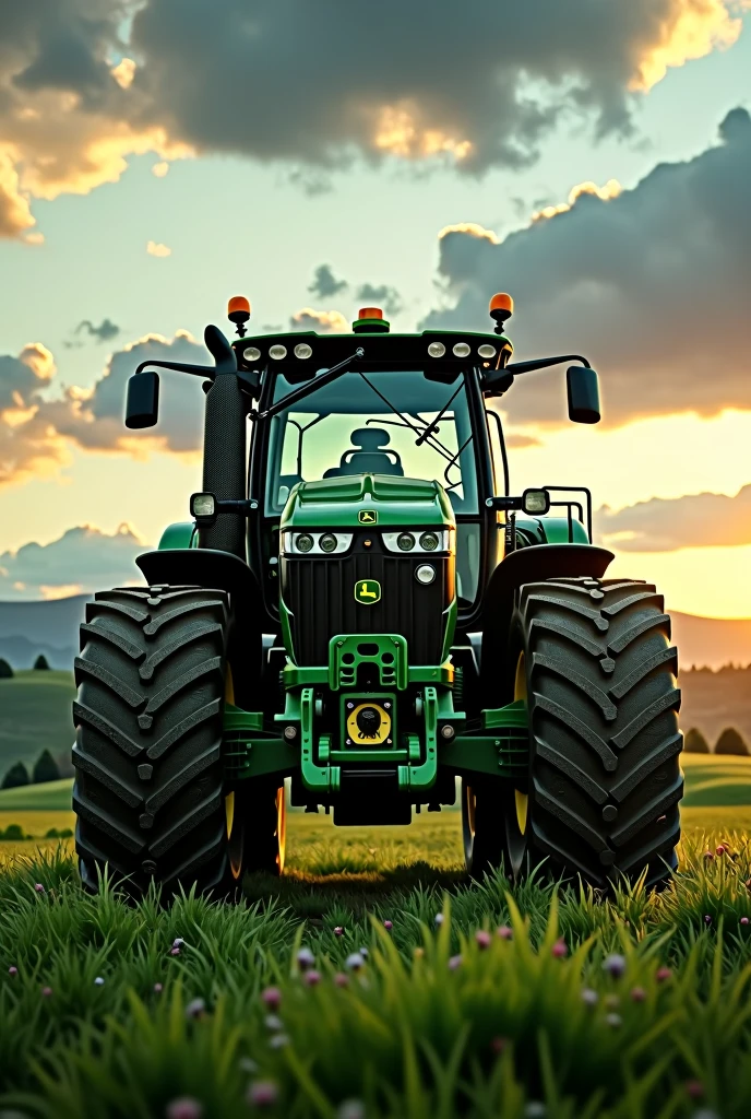 green tractor with larger rear wheels and smaller front wheels, with a closed cab and dark windows, aggressive hood lines, creating a mean look