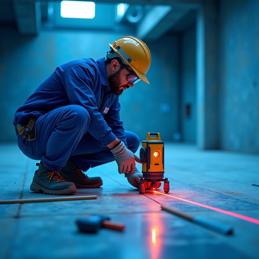 Imagine a realistic scene in 8K, where a mason is checking the floor alignment using a laser level. The bricklayer, equipped with blue PPE, including helmet, Gloves and uniform, It is positioned next to the floor, carefully observing the laser level to ensure that the alignment is perfect. The image is dominated by shades of blue, reflected in the worker's PPE and the surrounding environment. High resolution captures the details of the laser level, the precision of the floor alignment and the mason's attention to work, offering a clear and professional view of the installation process.