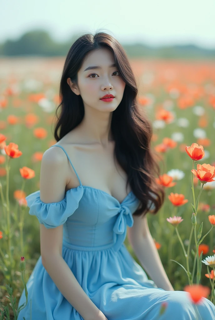 A pale skinned korean girl, full body, slender, , black hair, thin red lips, mole under left brow, a blue summer dress, sitting in a flower field, ethereal, dreamy, CLEAR IMAGE