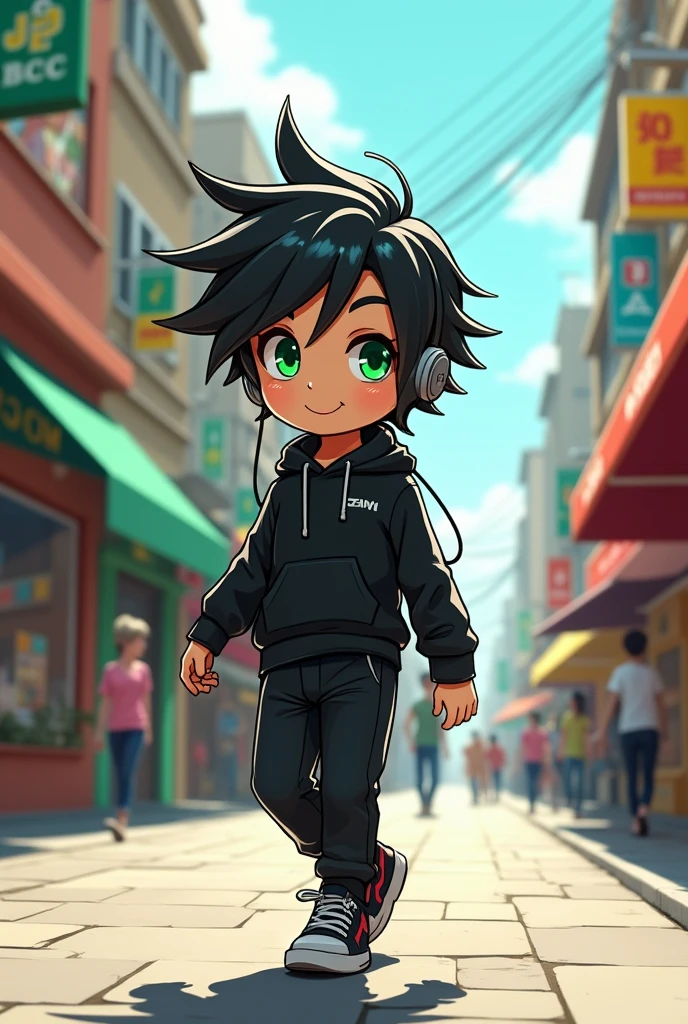 A pleasant robot boy with green eyes and dark hair, wearing black clothes, was walking down the big street listening to music in his earphones, his hair flying in the wind.