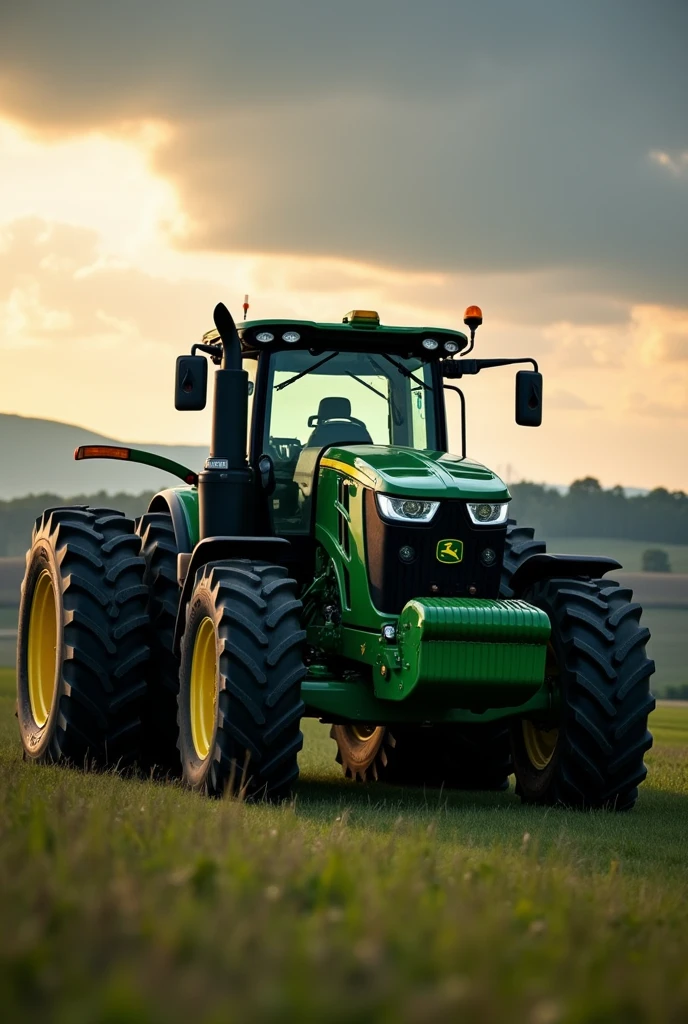 green tractor, seen diagonally, with larger wheels in the rear and smaller ones in the front, with a closed cab and dark windows, aggressive hood lines, creating a mean look
