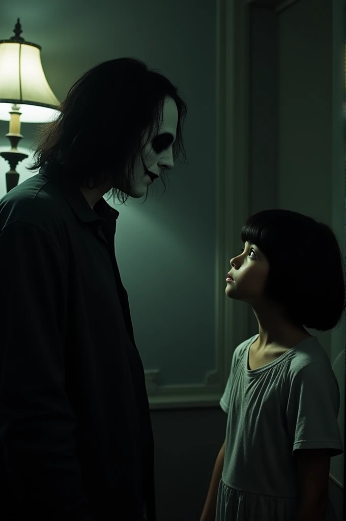 Jeff the killer surprised and a girl with short black hair, Up to the shoulders with a lovestruck expression in front of