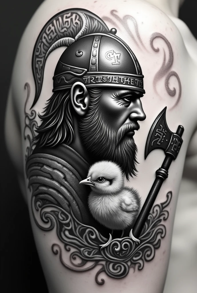 Black and white stippling tattoo of a profile with Viking runes and sharp axes. Tattoo of a baby girl baby baby baby baby chick born
