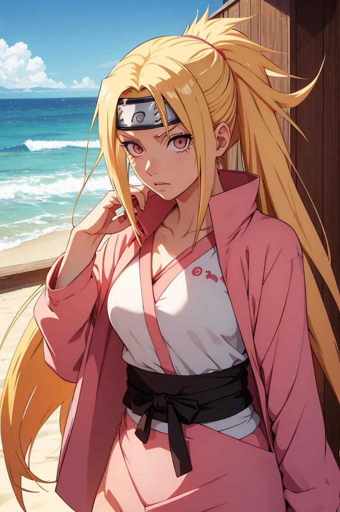 naruto uzumaki as a girl/female/woman, genderswaped naruto, at the beach, female naruto at the beach. long beatifull hair, blond hair and pink highlights, perfect image, best image quality