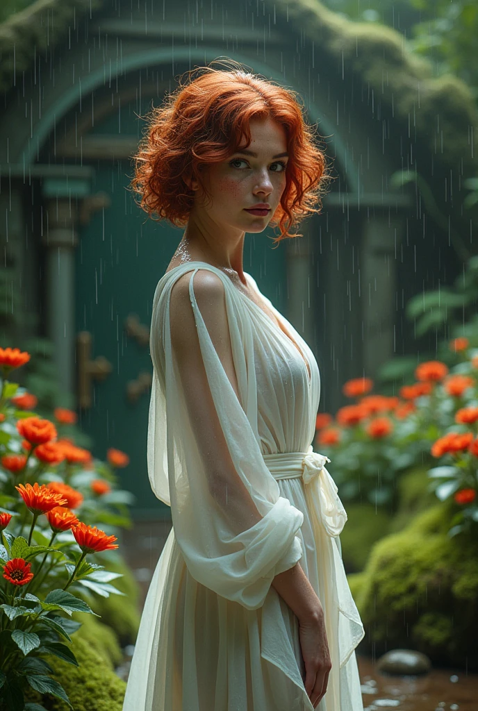 pretty woman in pouring rain, (elegant, nice face), robe blanche transdoorente, forest moss, (freckled:0.8), champ de fleurs, , cheveux roux frisés, magical atmosphere, (Cheveux courts), ((detailed skin, Texture de la peau)), ultradetailed, (complex and detailed, Fine details, hyperdétaillé), Laser trace, sub-surface Scattering, (monde souterrain fantastique sur fond), soft, diffused lighting, shallow depth of field, door (Olivier Weather), bokeh de mise au point nette, (photo realistic quality:1.4)