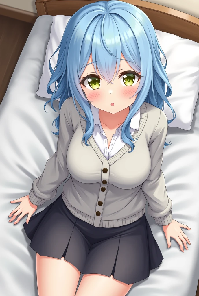 masterpiece, top quality, best quality drawn, an anime girl,high school student,28 years old,((open serafuku,school_uniform,black skirt,sweater,black knee high socks,white shirt,long sleeves,)) (((sky blue hair,sky blue hair,medium hair,medium hair,sidelocks,yellow green eyes,Kakiage Bang,wavy hair,large breasts,)))Documentary, insanely detailed, bird’s eye view,((nsfw, 1girl,convulsions,steam,sweat,pussy juice,)),(((from below,from below,from bellow,from bellow,ceiling,looking at viewer,1 boy and 1girl are having sex on bed,cowgirl position,cleavage,dutch angle,pov,sex,show off breasts,breasts out,thighs,looking at viewer,slut,))),on bed,indoors,anime,cleavage,