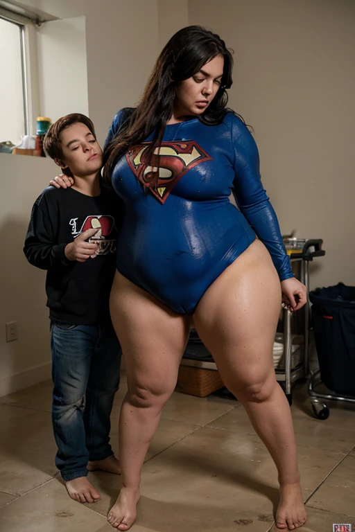 bbw superheroine is drugged and paralyzed next to a small man, full body, mature bbw, submissive and exhausted, urinated vagina, wet and dirty clothes, bbw superheroine