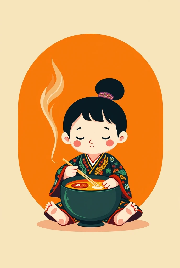 minimalist logo, that has Japanese and Mexican style, as a , eating ramen, on an orange background.