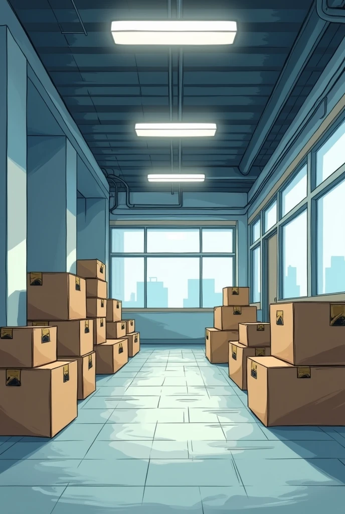 A company only the internal building, with boxes and a somewhat cold environment, without people, in comic drawing mode
With frontal perspective