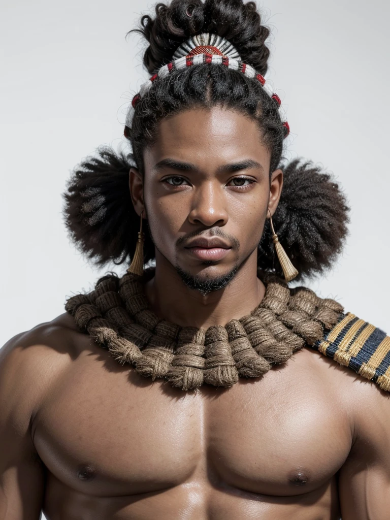 30-year-old African. Portrait of a Zulu warrior wearing samurai clothing. strong features. olhos grandes e brilhantes, thick lips, without beard and short hair. Stately. wearing no shirt. white background.