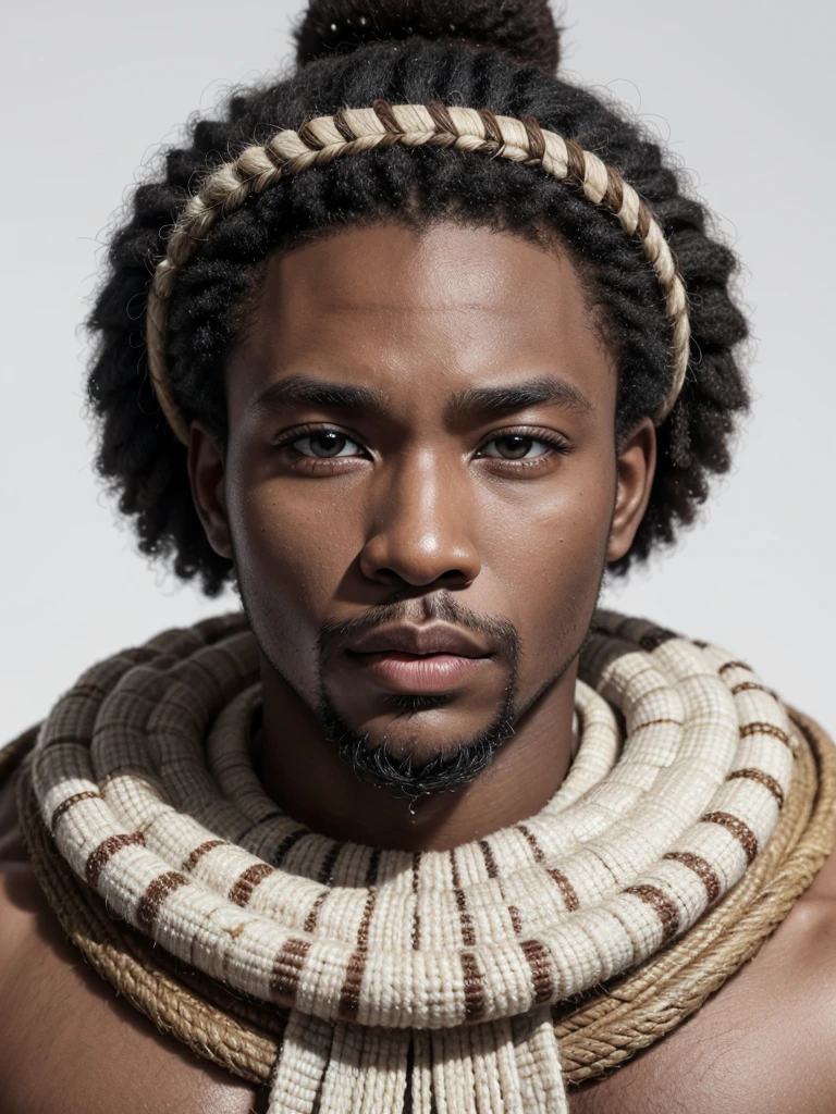 30-year-old African. Portrait of a Zulu warrior wearing samurai clothing. strong features. olhos grandes e brilhantes, thick lips, without beard and short hair. Stately. wearing no shirt. white background.