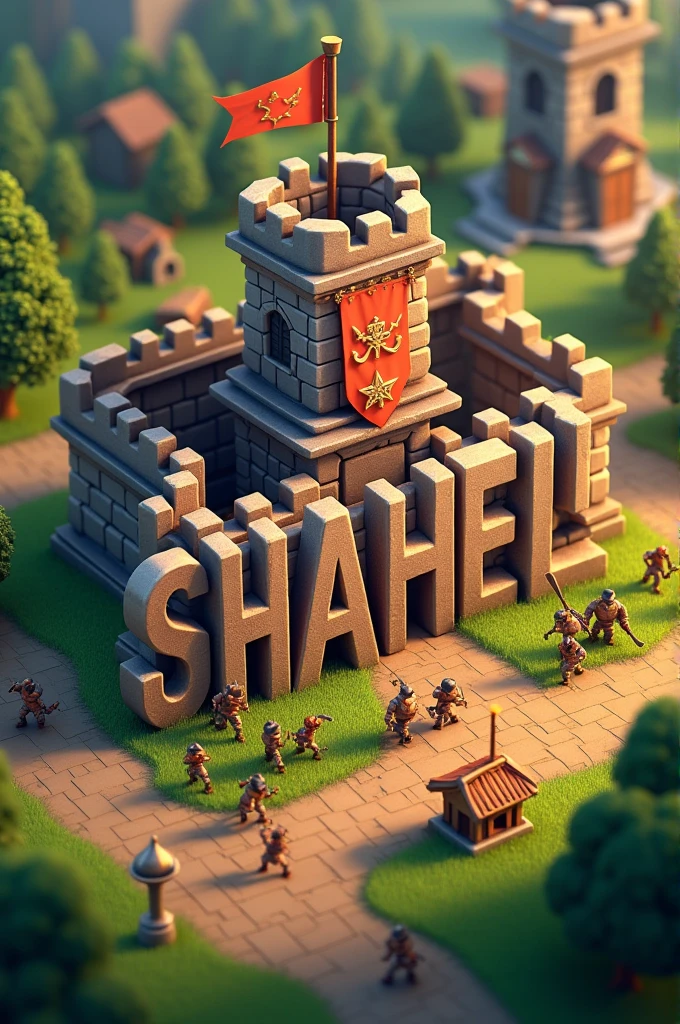 Give me a beautifully designed Word "SHAHEL" in a clash of clans base with wall pieces 