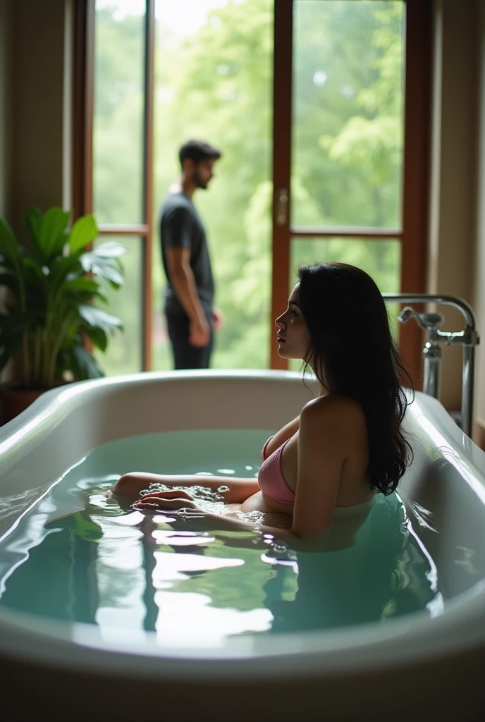 nudity, wide angle photo, bangladeshi model, white skin tone, 36d mammary, sitting in large bathtub, looking outside through the window, wide angle photo, boyfriend watching from outside