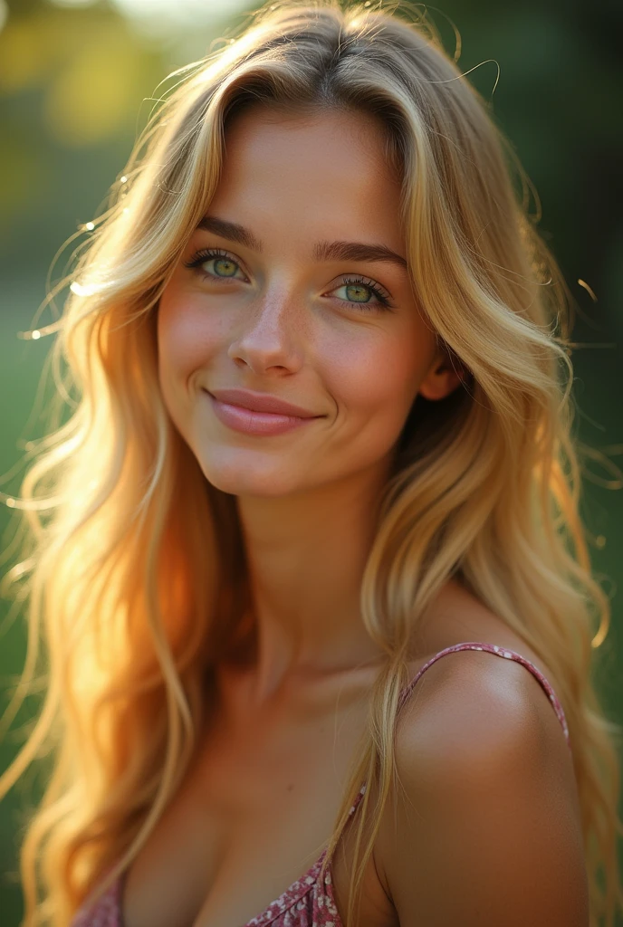 (stunning beauty: 1.9) a captivating 18-year-old young woman with vibrant blonde hair cascading down her back like a golden waterfall, possesses striking green eyes that sparkle like emeralds in the sunlight, and full lips painted with a subtle hint of color. She leans forward slightly, her shoulders relaxed, as if sharing a secret, with a gentle smile spreading across her face. (soft focus on her face, slight blur on the background).