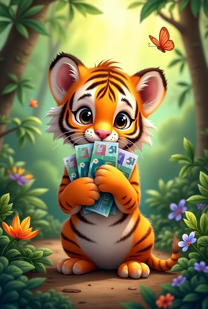 Image of a cute looking tiger cub holding Brazilian real banknotes