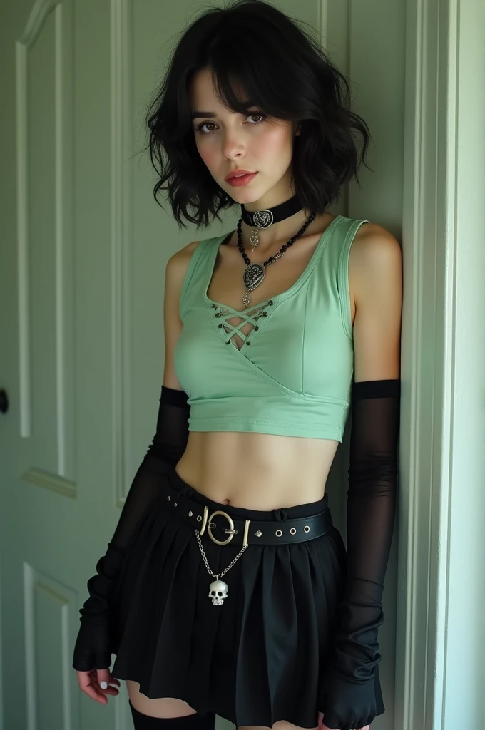 The girl had black hair, short, Wavy; slanted brown eyes; white; stomach 1,75; slightly big breasts; She was wearing a sleeveless, pastel green crop top., loose hair, black skirt, black but slightly transparent and long stockings, gothic boots, long black fingerless gloves and a skull necklace; 15 years