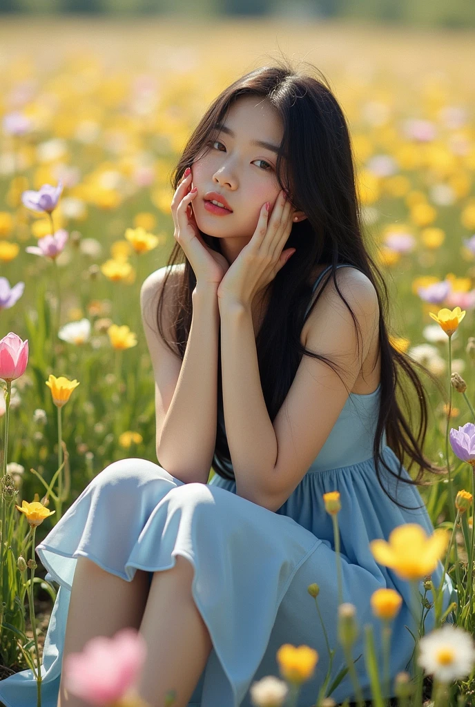 A pale skinned korean girl, full body, slender, , black hair, thin red lips, mole under left brow, a blue summer dress, sitting in a flower field, ethereal, dreamy, CLEAR IMAGE