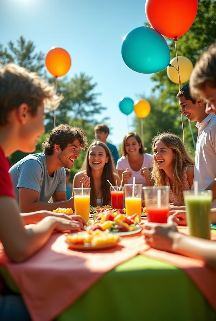 Happy 15 year old teenagers at a healthy party having fun