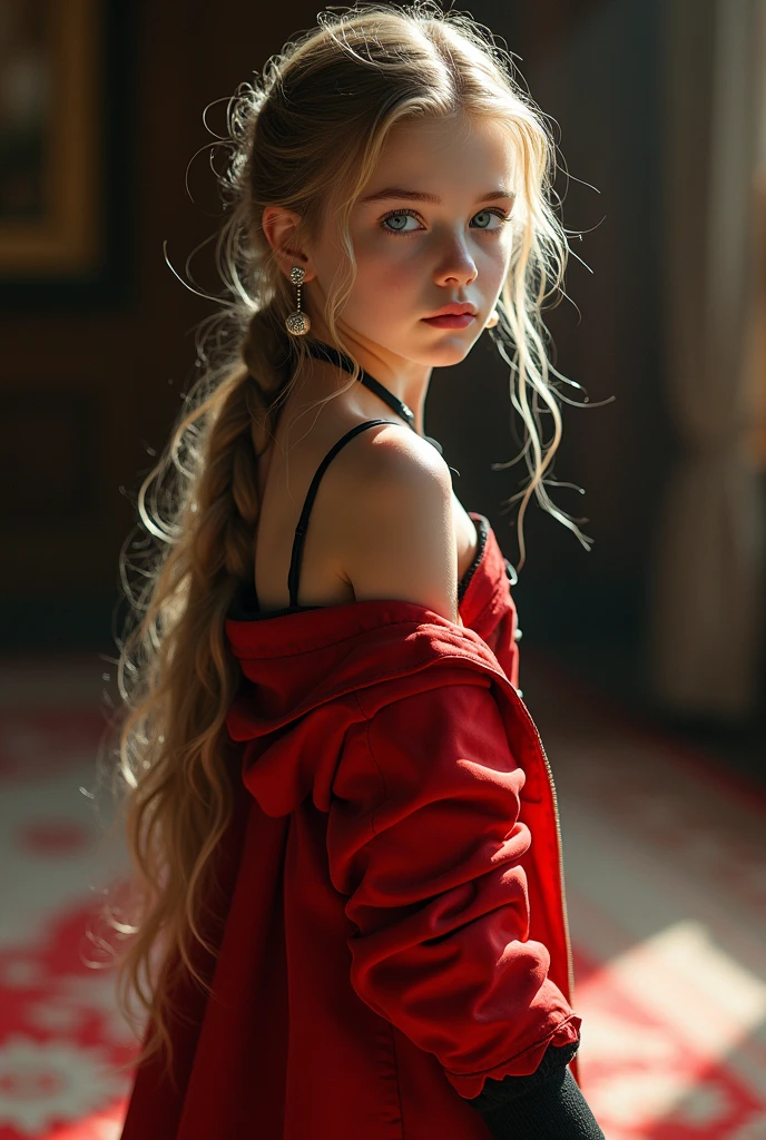 1 girl, water eyes, rug, bangss, bared shoulders, black mitts, blue colored eyes, Braid, choker, aretes, fingerless mitts, from behind, mitts, ashen hair, containment, jaket, jewerly, long hair, looking ahead at viewer, looking rug, glaze, Off The Shoulder, parted lips, piercing, hypdertailed, red jaket, standing alone, trunk,baiyi,[[realisitic]],(shining skin),(work of art:1.4),(best qualityer:1.4)