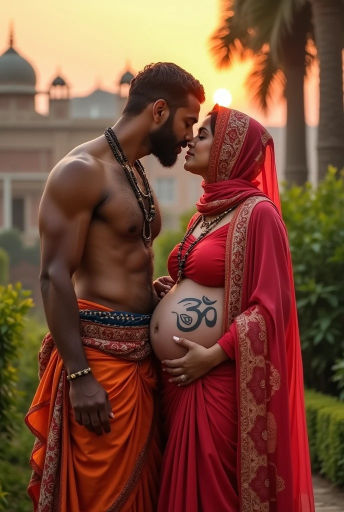 Young muscular Hindu pandit, pregnant muslim big ass women has tattoo on her stomach of om wearing hijab,together doing kissing in pakistan