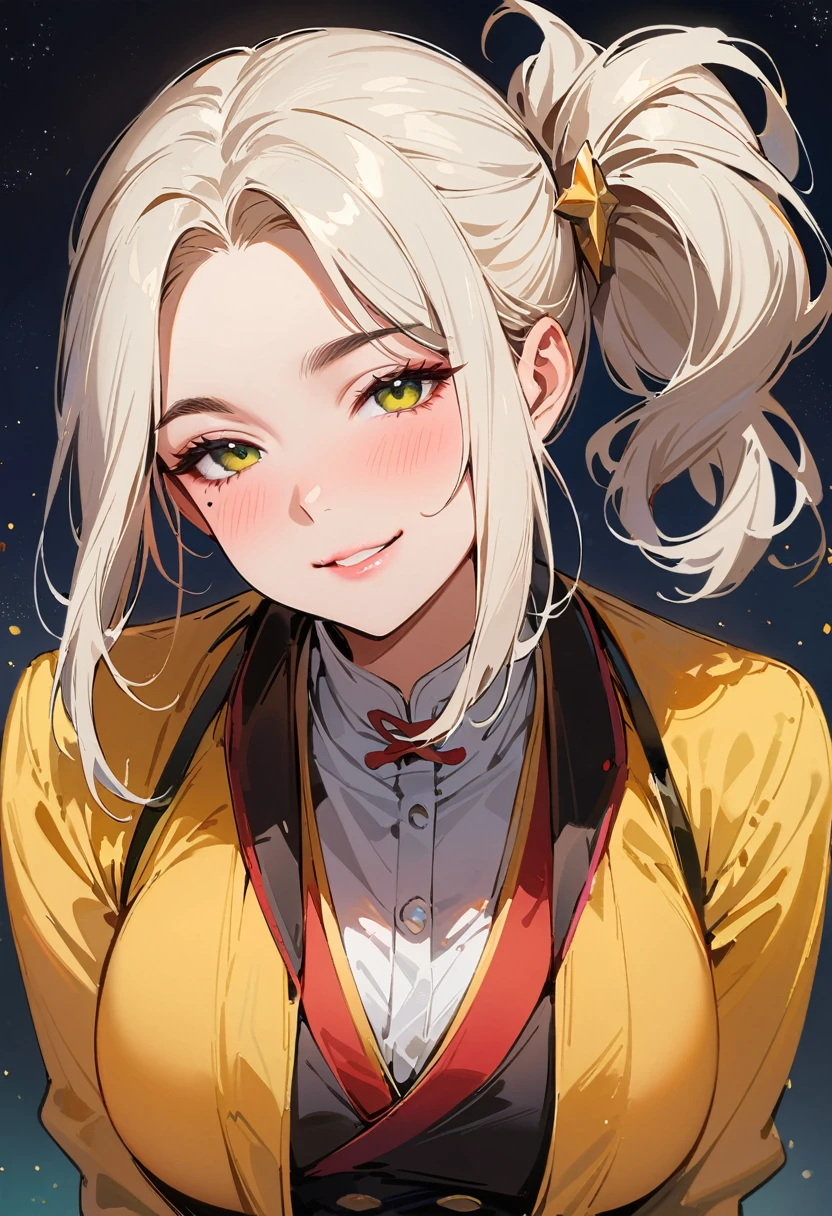 (masterpiece, best quality:1.4), 1 girl, 独奏, Star pupil, Blurred eyes, Close your left eye, Smile, Look up and down, Fox gesture, Right tear mole, (Green double ponytail hairstyle:1.2), Royal sister, large breasts, Vest, Midnight starry sky background.