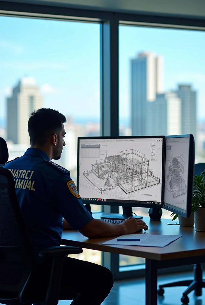 Create an image of a Santa Catarina Military Police engineer looking at a computer, and on the computer screen, an image of an architectural project.