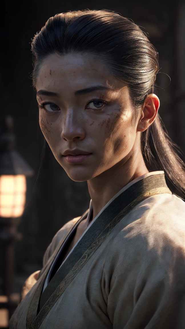 hyper photorealistic, ethereal beauty a cute peasant woman, japabeae beauty, japanese village, queen Himiko, (42 years), youthful, soft contoured, sweet sweet soft gentle smile, (detailed face and eyeull body portrait, (extremely y), Masterpiece, pleasure, massive breull figured woman, full body, expression enjoyment, idyllic aura, medieval environment, cinematic lighting, dark smooth hair, slick-back, fine facial traits, fleshy-slim physique, (depth of field), ultra detailed, cinematic, surrounded by goblins,