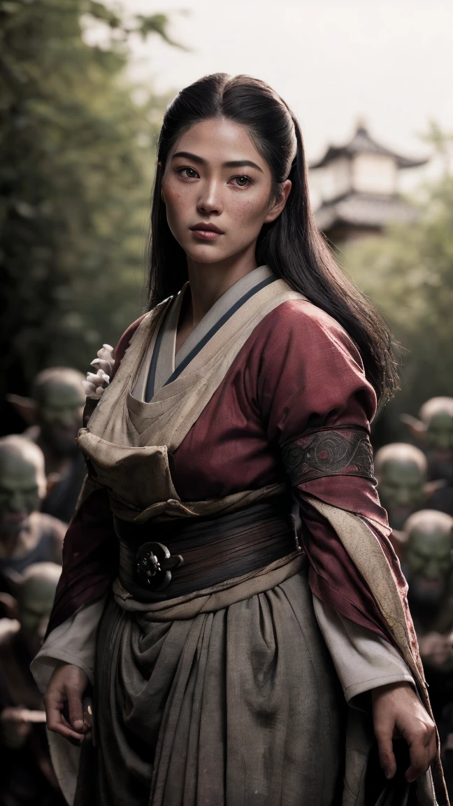 hyper photorealistic, ethereal beauty a cute peasant woman, japabeae beauty, japanese village, queen Himiko, (42 years), youthful, soft contoured, sweet sweet soft gentle smile, (detailed face and eyeull body portrait,  (extremely sexy), Masterpiece, pleasure, massive breasts, Full figured woman, full body, expression enjoyment, idyllic aura, medieval environment, cinematic lighting, dark smooth hair, slick-back, fine facial traits, fleshy-slim physique, (depth of field), ultra detailed, cinematic, surrounded by goblins, 