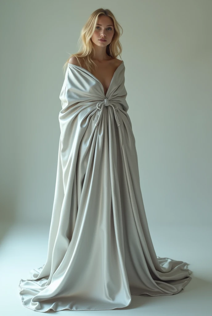 Young Blonde model in ankle length silver satin cloak tied at the neck , naked