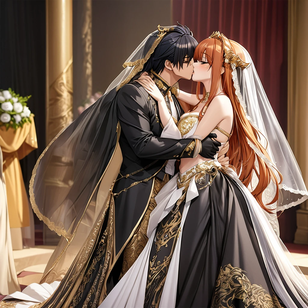 ((Highest quality)), ((masterpiece)), (detailed), (Perfect Face)、The woman is Maya Cordelia, the Demon King's bride, with orange, semi-long hair. She is adorned in a luxurious black mermaid-line wedding dress with lavish gold embroidery and edging, along with a black wedding veil and extravagant accessories.、The woman is embracing the man, the evil demon lord, and they are sharing a vowing kiss at their wedding ceremony.