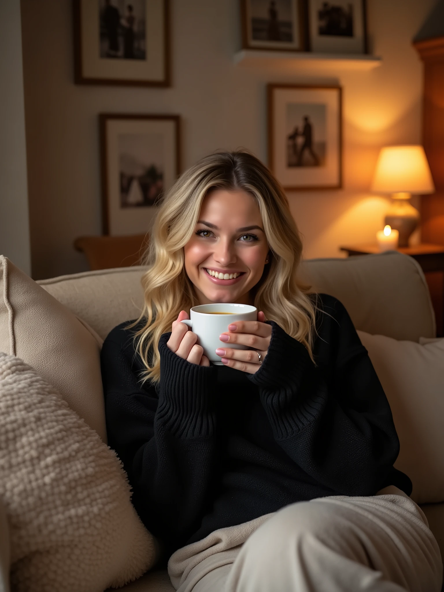 Blonde woman in a black sweater lying on a living room couch with a coffee in her hand, dim lighting smiling at the camera