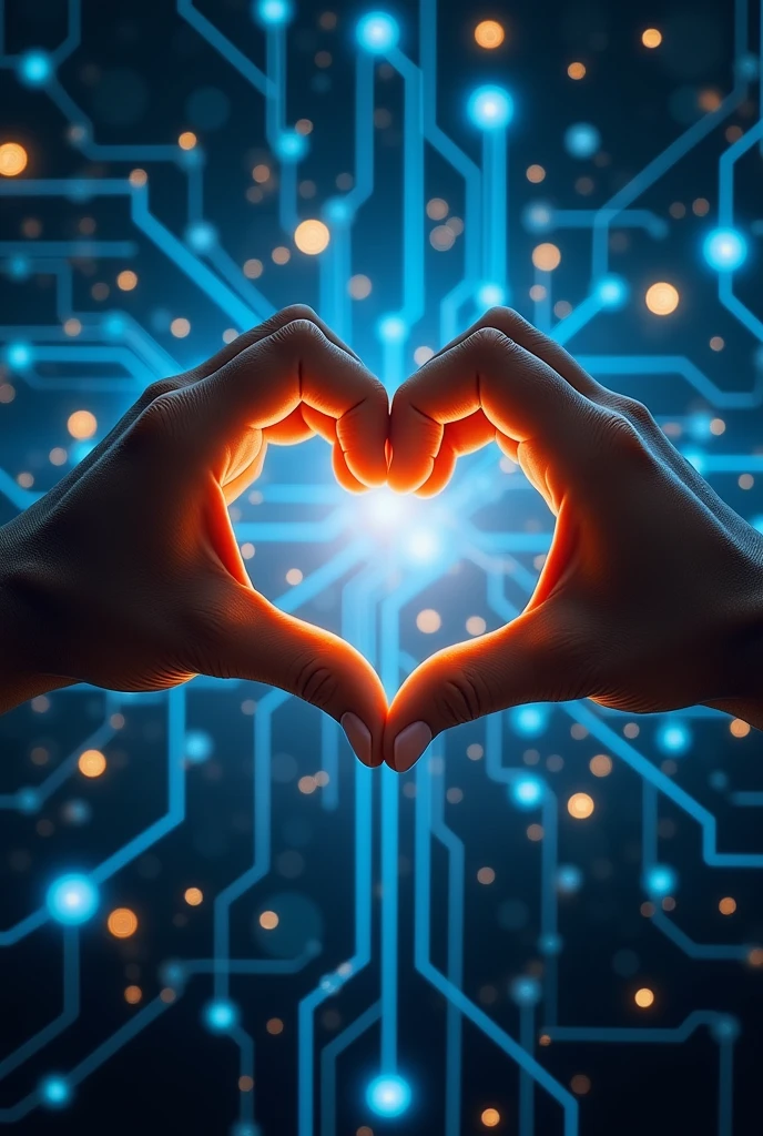 Create an impactful image for technology publication on LinkedIn, that symbolizes the union between the human aspect and technological innovation. En el centro de la imagen, mostre duas hands se encontrando e formando a silhueta de um coração. As hands devem ser realistas e diversas, representing different skin tones.
O fund da imagem deve representar inovação e tecnologia. Include elements like:
Bright electronic circuits in shades of blue and white
Thin lines connecting luminous points, suggesting a network or neural connections
Some incandescent bulbs scattered, simbolizando ideias
Um leve brilho emanando das bordas do coração formado pelas hands
As cores predominantes devem ser tons de azul, white and gold, creating a contrast between human warmth (hands) a technological Frieza (fund).
Lighting should be dramatic, com um foco suave nas hands e no coração que formam, enquanto o fund tecnológico brilha sutilmente.
The overall style should be a mix of realism (para as hands) futuristic abstraction (para o fund)