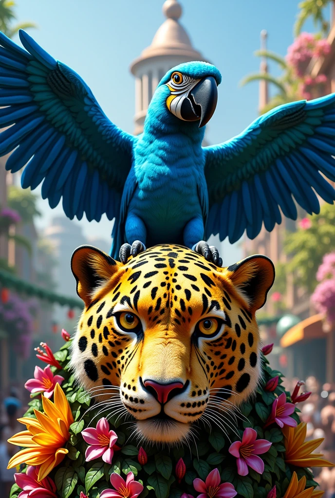 a float with a large blue macaw with open wings and a jaguar head at the front