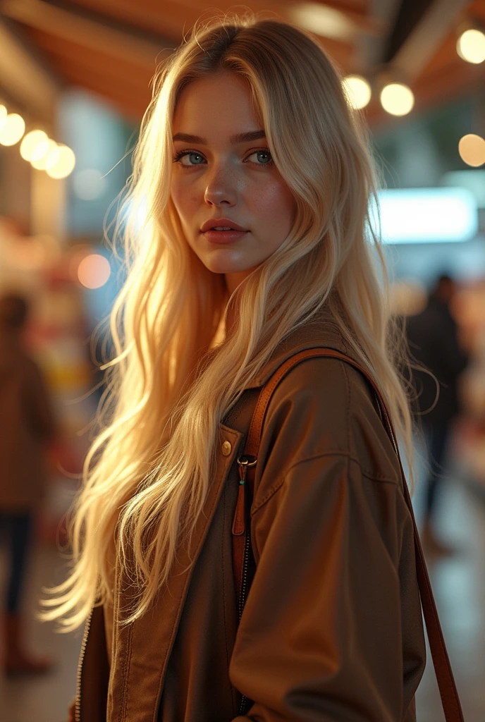 a young woman, 20 years old, long blonde hair, blue eyes, shopping, photorealistic, detailed face, realistic clothing, intricate background, beautiful lighting, highly detailed, 8k, ultra-realistic, hyper-detailed, vibrant colors, cinematic atmosphere, realistic textures, intricate details, pristine quality, masterpiece, award-winning photography