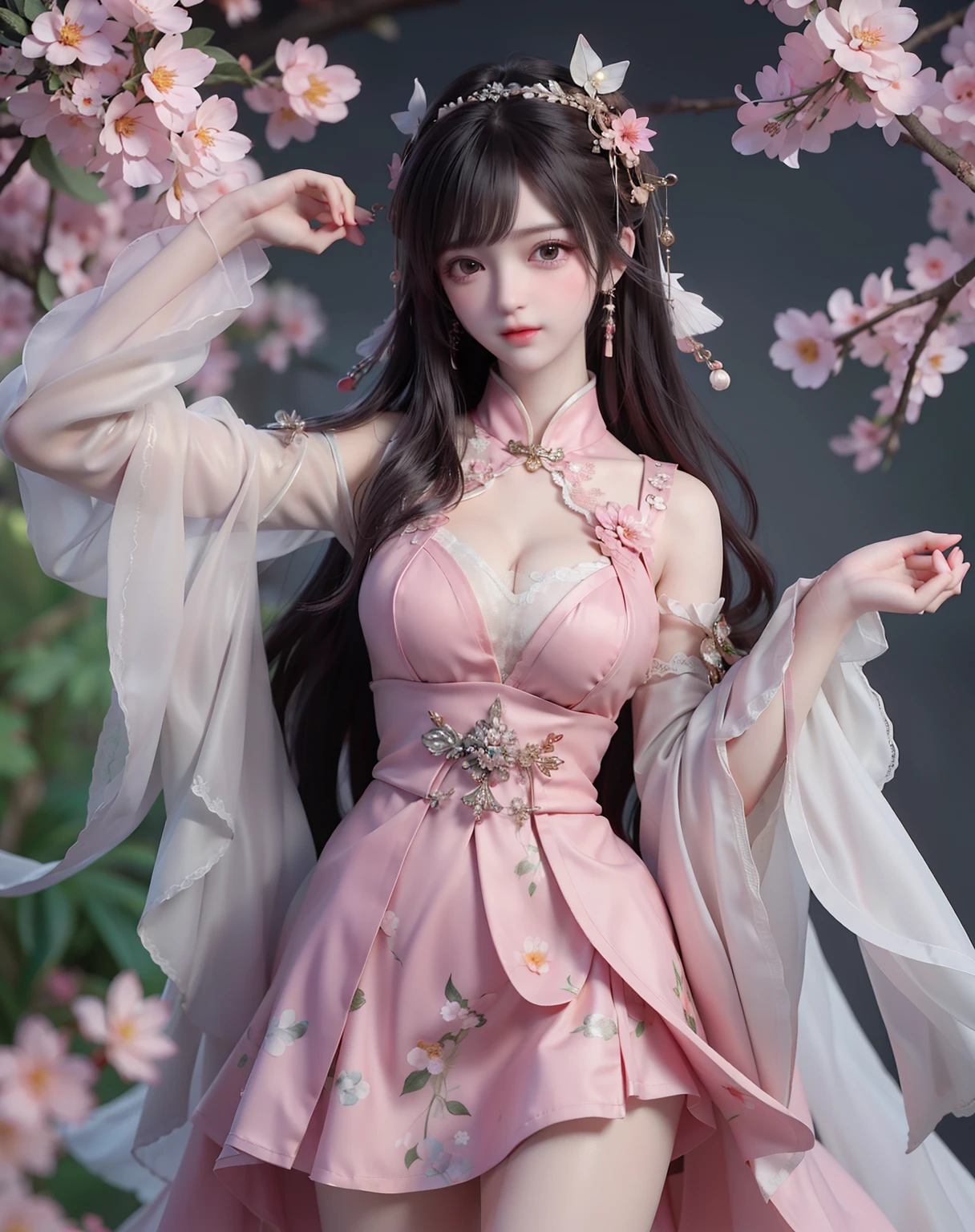 (8k, RAW photo:1.2), best quality, ultra high res,dramatic angle,(fluttered detailed color splashs), (illustration),(((1 girl))),(long hair),(rain:0.9), (Headdress:1.4),There is an ancient palace beside the girl,Hanfu,(Key Points),Color ink painting,(Splash of Color),Splash of Color,(((colorful))),(sketch:0.8) , Masterpiece, best quality, beautiful painted, highly detailed,(denoising:0.6),[splash ink],((ink refraction)), (beautiful detailed sky),moon,highly,detaild,(masterpiece, best quality, extremely detailed） CG Unity 8k Wallpaper，masterpiece，best quality，Ultra Detailed），（Lycoris）. hanfu open v open V-chested clothes Thin silk lace dress , (huge ，cleavage),, white pink and gren，best qualtiy，tmasterpiece，Ultra-high resolution，（Reality：1.4），RAW photogr，（True skin texture：1.3），（filmgrain：1.3），（Selfie angle），1个Giant Breast Girl，Beautiful eye and face details，tmasterpiece，Best quality at best，，The chest more exposed， detailed brapurple and green , detail 8k, upper body, lace petticoat