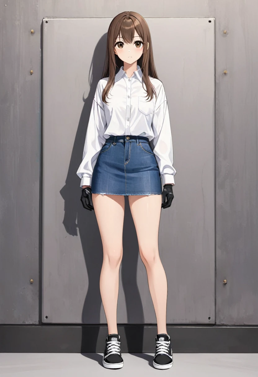 mini skirt , Denim skirt , Black sneakers ,whole body , thighs , brown hair , brown eyes , straight hair , bare legs , face , Black gloves , White shirt , long sleeves , standing posture