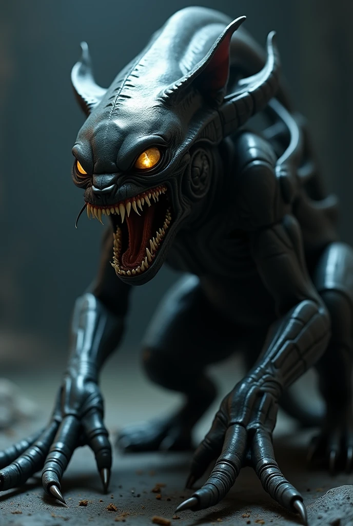 a xenomorph cat, highly detailed, hyper realistic, 8k, photorealistic, intricate details, cinematic lighting, dark moody atmosphere, sinister, ominous, cat-like features, sharp teeth, long claws, alien anatomy, biomechanical, glistening skin, muscular body, crouching pose, intense expression, glowing eyes, dramatic shadows, cinematic composition