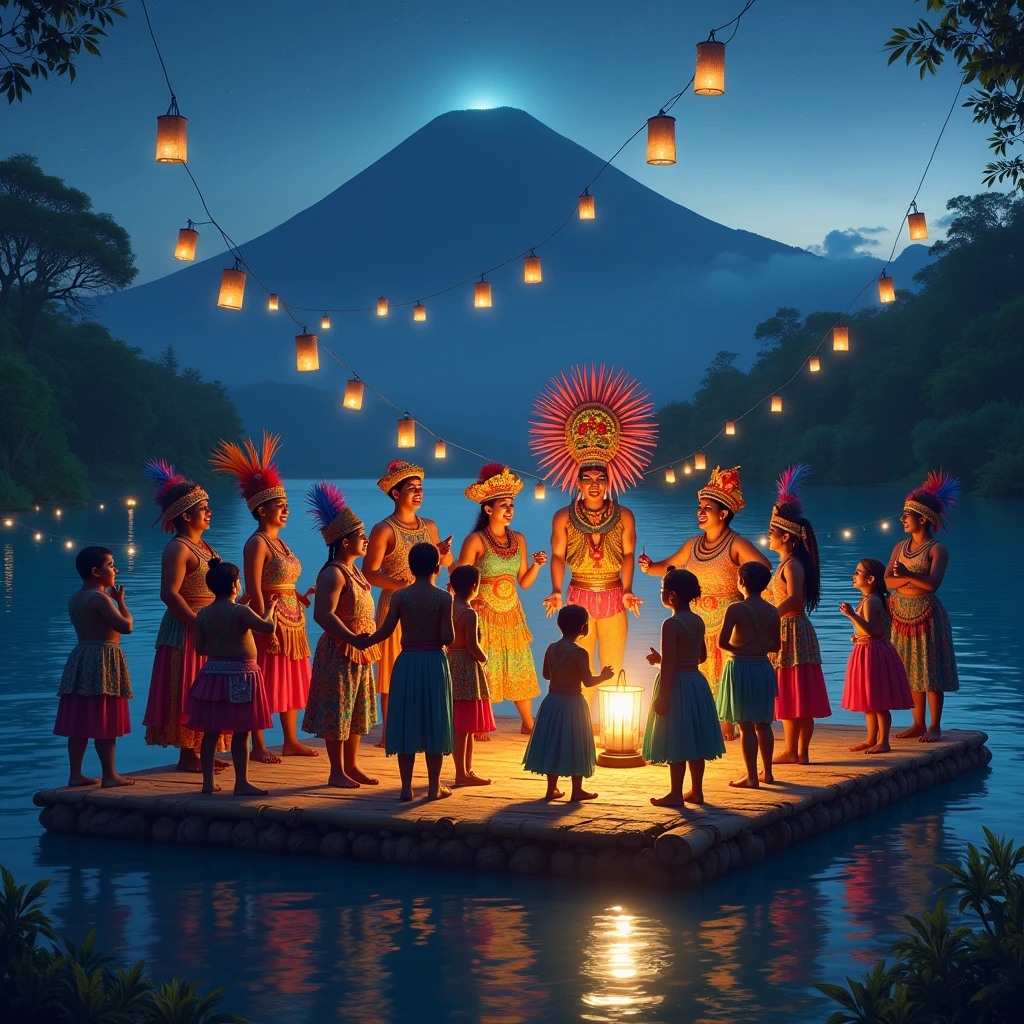 Photo de personnages de cirque et de maya faisant la fête sur une plateforme de bambou flottante au milieu du lac atitlan