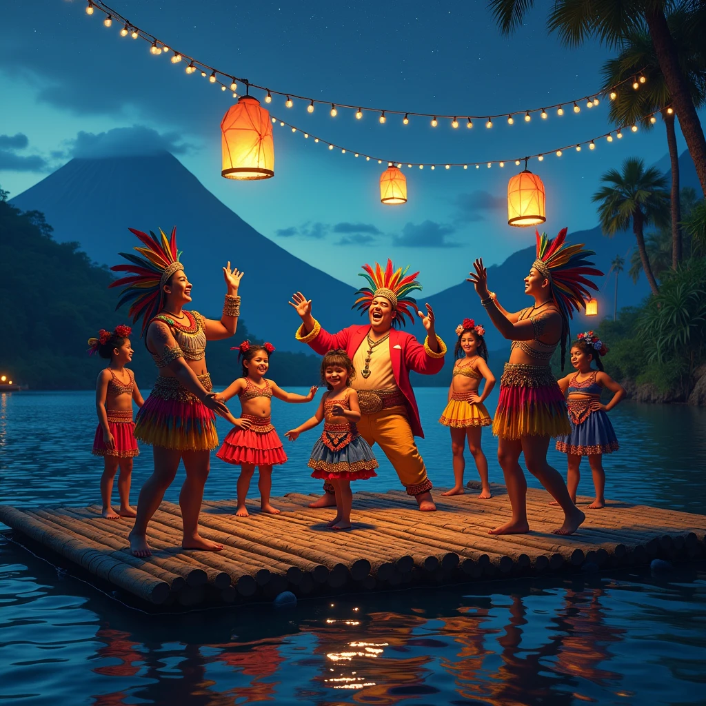 Photo de personnages de cirque et de maya faisant la fête sur une plateforme de bambou flottante au milieu du lac atitlan 