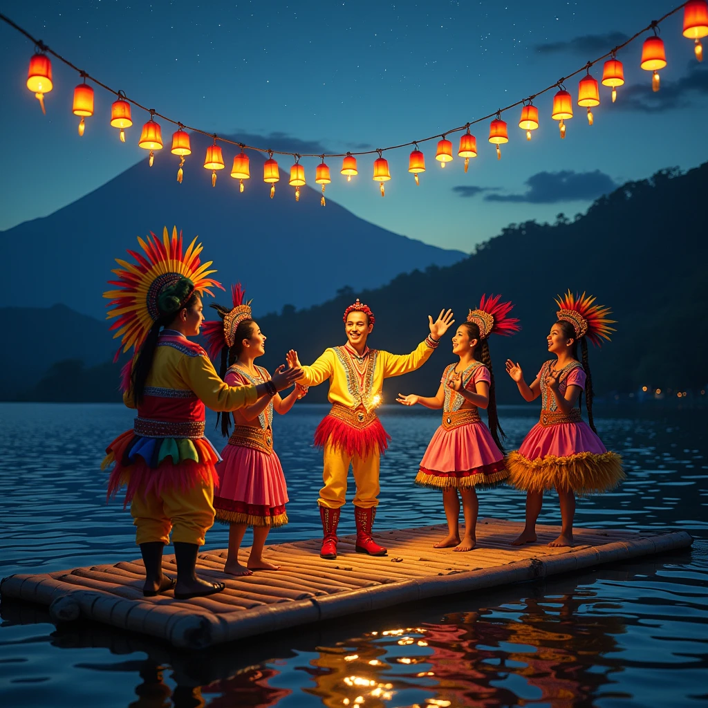 Photo de personnages de cirque et de maya faisant la fête sur une plateforme de bambou flottante au milieu du lac atitlan