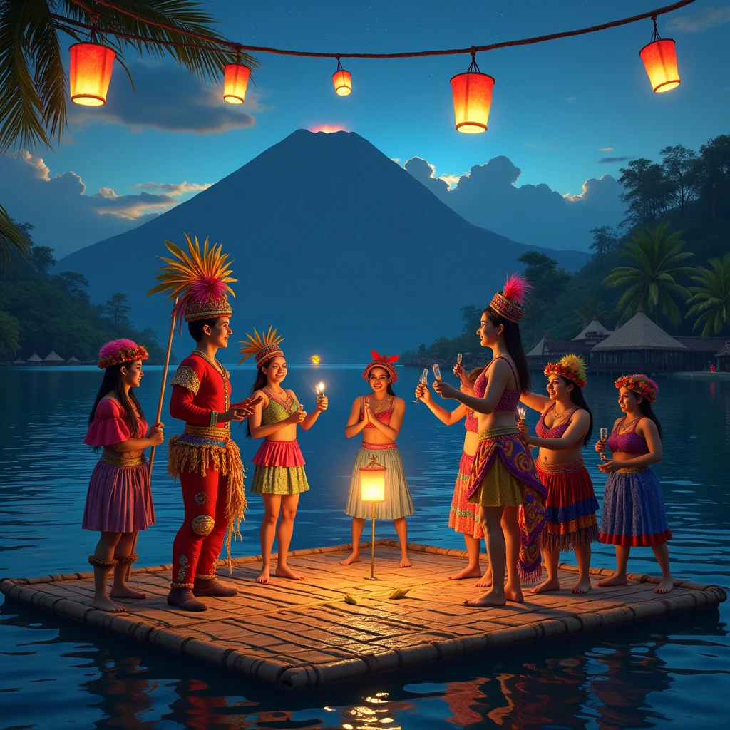 Photo de personnages de cirque et de maya faisant la fête sur une plateforme de bambou flottante au milieu du lac atitlan