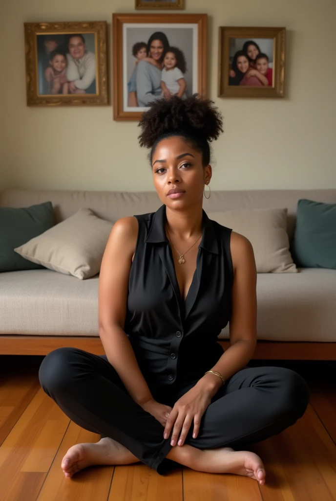 Dominican Latina mother with a curvy build and fair skin, sitting on the floor, con blusa negra sin manga y pants negro, with her curly hair pulled back in a bun, the photo must be from the front 