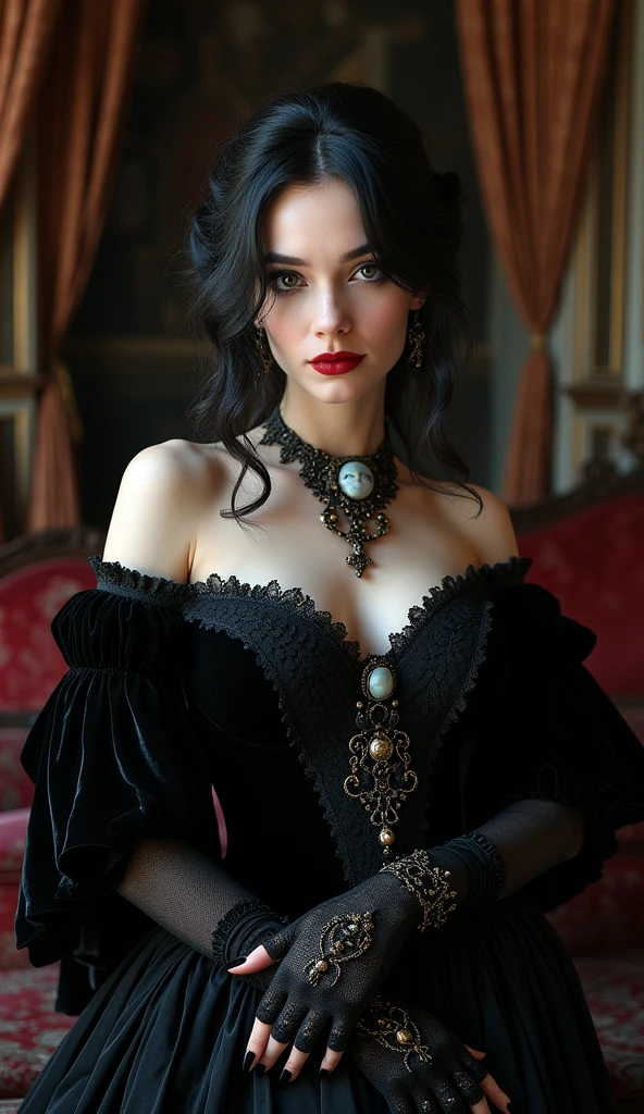 portraiture of a refined, Victorian-era lady vampire, mysterious, dark, 19th century Inspired, intricately adorned, velvet, silk, and lace, oil on canvas, highly detailed, photorealism, Alphonse Mucha's ornate Art Nouveau, Caravaggio's dramatic, high-contrast lighting, Irwin Penn's cinematic, soft, misty atmosphere, lavish, ornate, gothic architecture, heavy drapery, Baroque-inspired furniture, subtle, eerie ambiance, dark, red lips, porcelain skin, elaborate hairstyle, cameos, brooches, and jewelry, mysterious,