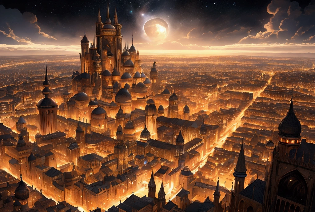 (32k, 8k, high graphics, high resolution, high details) medieval fantasy kingdom, fantasy medieval city, panoramic view, extremely beautiful place, immense celestial tower in the center, wonderful view