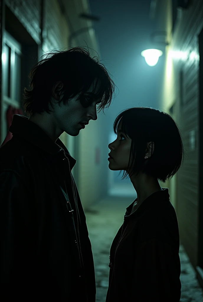 Jeff the killer surprised and a girl with short black hair, Up to the shoulders with a lovestruck expression in front of
