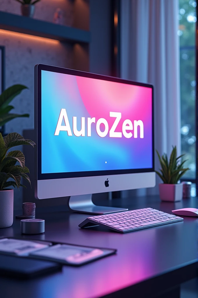 Create a 3D image of a computer with the word AuroZen appearing large in the scene