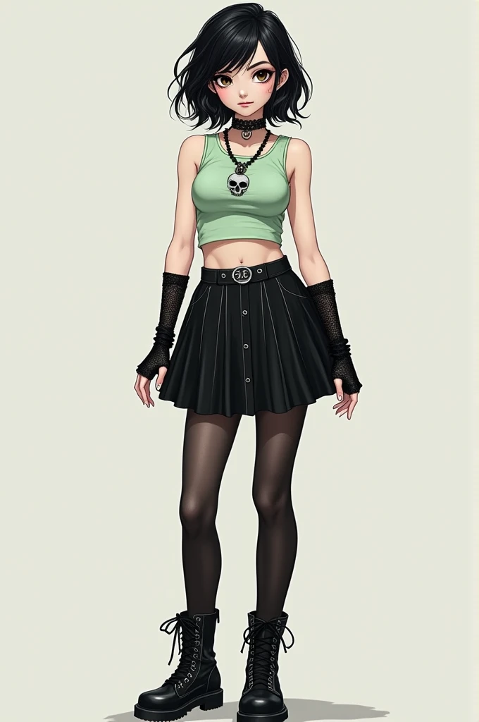 The girl had black hair, short, Wavy; slanted brown eyes; white; stomach 1,75; slightly big breasts; She was wearing a sleeveless, pastel green crop top., loose hair, black skirt, black but slightly transparent and long stockings, gothic boots, long black fingerless gloves and a skull necklace; 15 years